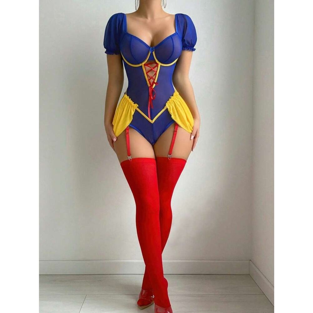 Snow White Princess Sexy Lingerie Sheer Bodysuit with Thigh High Socks XXL